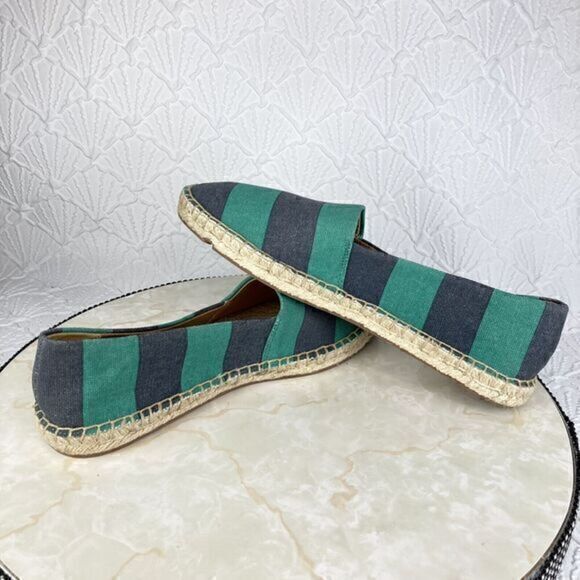 J. Crew Flats Women 8 Navy Green Kely Stripe Canvas Slip On Nautical Espadrilles - Picture 10 of 14